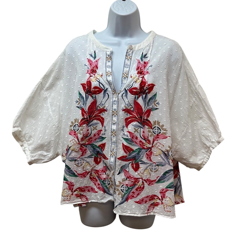 Chico's 3 Floral Printed Chenille Dot Dolman Sleeve Cotton Top Boho Size XL